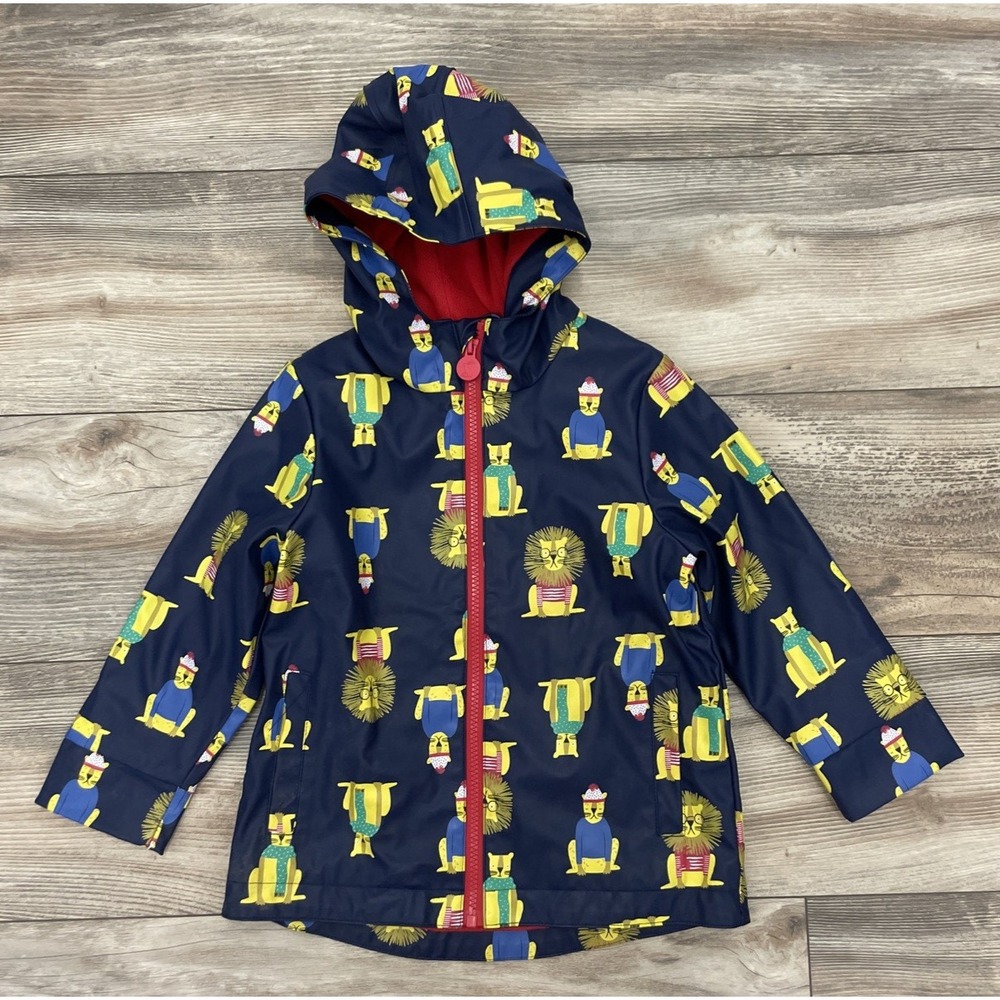 Joules Kids Lion Rain Coat Navy Blue Hooded Waterproof Jacket Size 4 Years